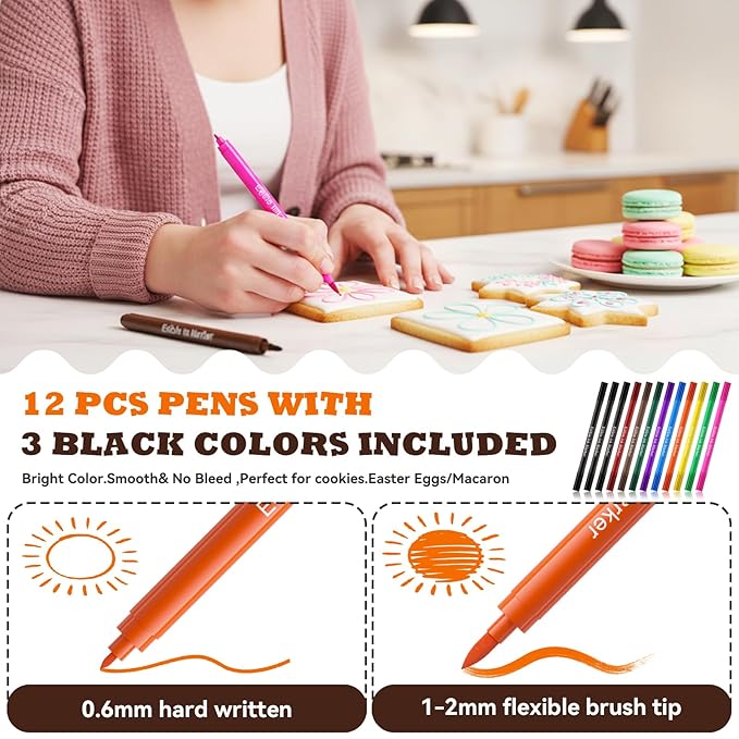 Jewem Edible Markers for Cookie Decorating, 12Pcs Food Coloring Pens, Double Sided Food Grade Pens with Fine & Thick Tips for Decorating Fondant, Cakes, Cookies, Frosting, Macaron, Dessert Decorating