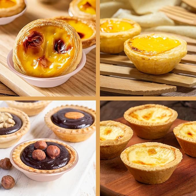 8 Pack Egg Tart Molds, Non-Stick Tartlets Dessert Mold Pans, Mini Tiny Pie Carbon Steel Muffin Tins, Cupcake Pans w/Oil & Dish Brushes for Cakes, Cookies, Quiche, Gold