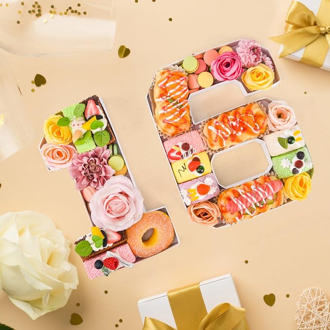 16 Set Cardboard Number for Charcuterie 10.2'' Fillable Tray Charcuterie Paper Box for 16th Birthday Anniversary Party Decorations Chocolate Candy Cupcake Container