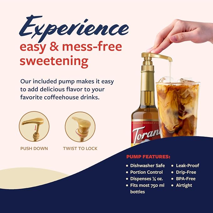 Torani Caramel Coffee Syrup for Drinks & Desserts, Glass Bottle 4-Pack, Pumps Included, 25.4 Fl Oz Ea