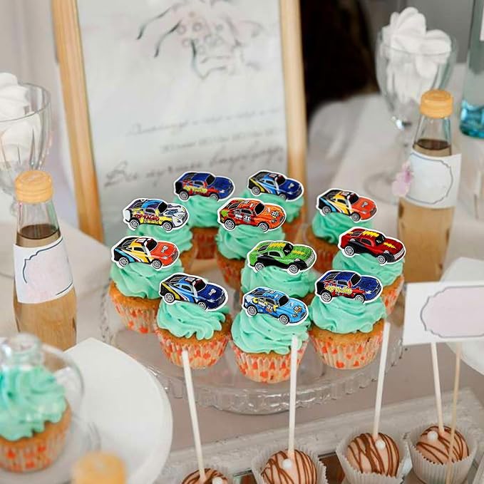 40Pcs Edible Race Car Cupcake Toppers Colorful Racing Cars Cupcake Picks Drink Topper for Racing Party Decorations Race Car Baby Shower Boys Birthday Party Cake Cupcake Decorations