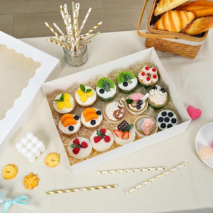 Moretoes 20pcs 14x10x4in Sheet Cake Boxes, White Rectangle Quarter Bakery Boxes with Window, for Cake Pastry Baking Donuts Cupcake Pie Packaging