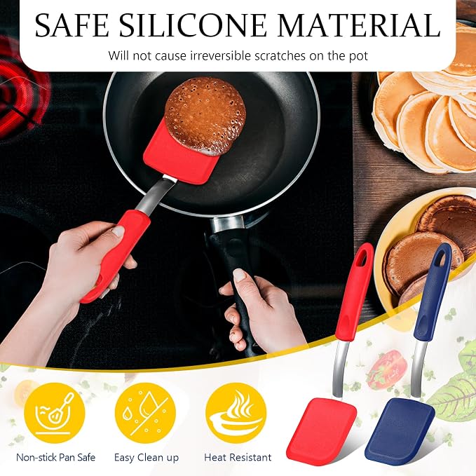 Silicone Cookie Spatula Turner 2 Pack Mini Brownie Spatula Flexible Kitchen Small Silicone Turner for Nonstick Cookware Heat Resistant No Scratch Flipper for Pancake(Solid Flat,Red,Blue)