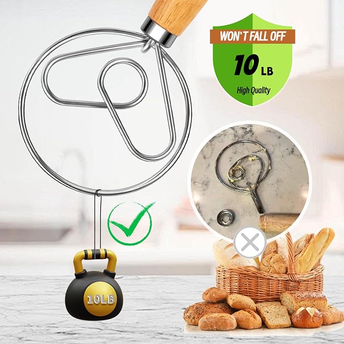 Danish Dough Whisk with Dough Hook Stainless Steel Wooden Handle for Sourdough Bread Baking Dough Mixing
