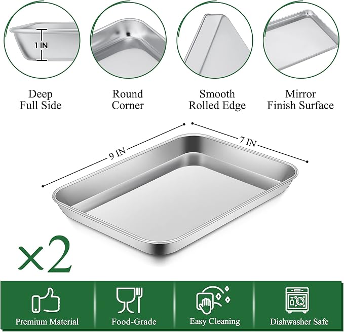 P&P CHEF 9 Inch Toaster Oven Pan with Rack Set, Stainless Steel Baking Pan Tray and Grid Cooling Rack for Cooking/Roasting, Dishwasher Safe & Easy to Clean, Non-toxic & Sturdy, (4Pcs)