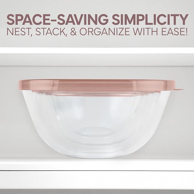 COOK WITH COLOR 12 Pc Glass Mixing Bowl Set with Lids – Borosilicate Glass Nesting Bowls for Cooking, Baking and Meal Prep, Pink