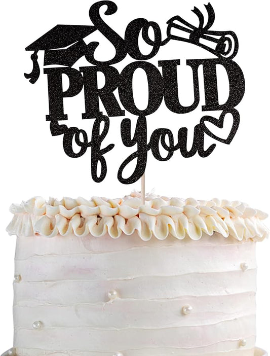 1 Pack So Proud of you Cake Topper with Gold Glitter Diploma Graduation Cap Cake Pick Contrats Class of 2024 Cake Decorations for 2024 Graduation Theme High School Boys Girls Graduate Party Black