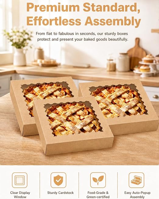 Bakepacker 120pcs Brown Pie Boxes 12"x 12"x 3" Easy Assemble Macaroon Cookie Boxes Bakery Boxes with Window for Bakery (Auto-pop Up)