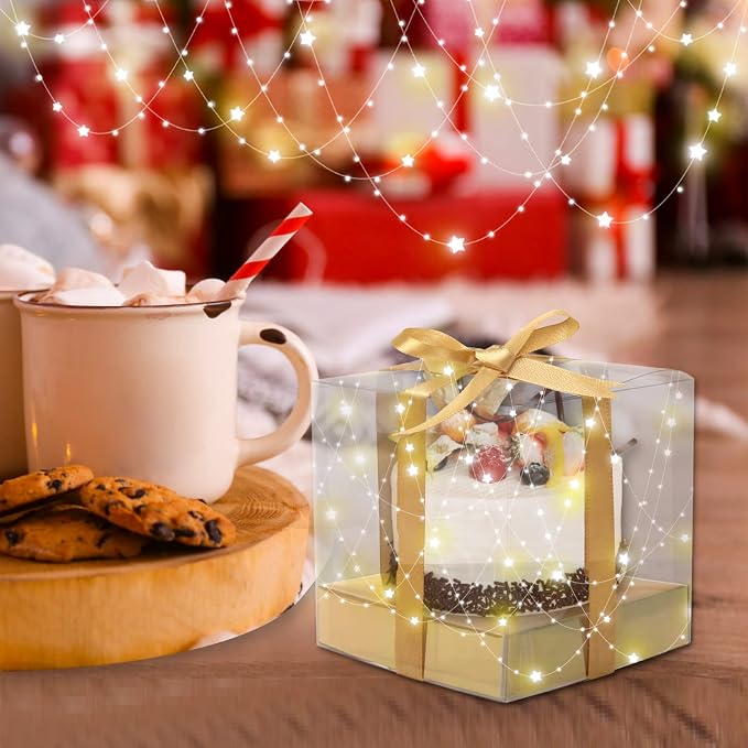 12 Pack Clear Plastic Cupcake Boxes, 3.5 Inch Gold Single Cupcake Containers Disposable Individual Cup Cake Carrier Holder Boxes with Inserts and Ribbon (Gold)