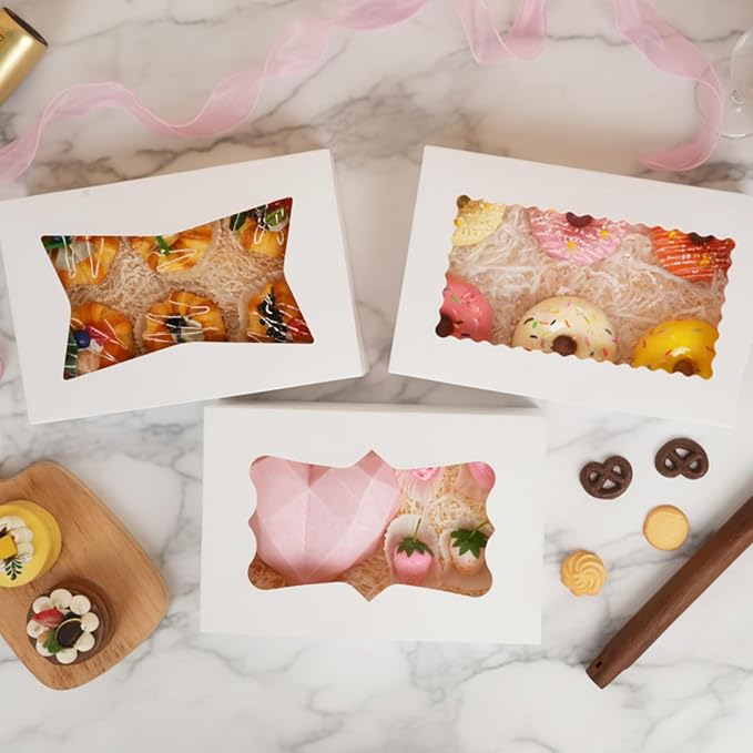 Moretoes 48pcs Auto-Popup Treat Boxes, 12x8x2.5 Inches Cookie Boxes with 3 Style Window, for Chocolate Covered Strawberries,Muffins, Donuts, Pastries (White)