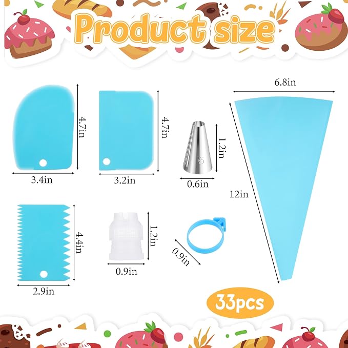Piping Bags and Tips, Cake Decorating Supplies with 2 Reusable Piping Bags, 24 Icing Tips, 2 Couplers, 3 Scrapers 2Silicone Rings Pipings Bag and Tip Set Baking Tools for Cookie Icing