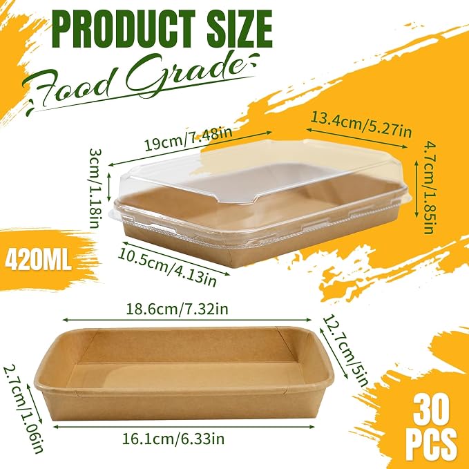 30 Pack 15oz Charcuterie Boxes with Clear Lids, To Go Paper Small Charcuterie Box with Lid, 7.5 x 5.2 x1.8in Disposable Bakery Take Out Containers for Desserts, Cookie, Charcuterie, Snack and Fruit