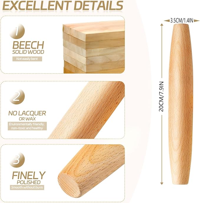 French Rolling Pin for Baking - AMPSEVEN Wooden Rolling Pin Dough Roller for Pizza Fondant Pasta Dumpling tortillas (20cm(7.9inch))