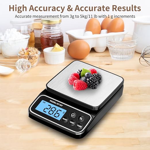 SEMIER Food Scale, Digital Kitchen Scale, 5kg/11lb Baking Scale for Precise Weight Measuring and Portion Control with% Percentage Function, USB Rechargeable, Stainless Steel Pan
