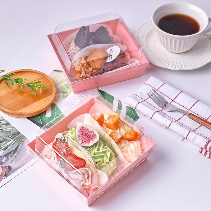 Ocmoiy Small Charcuterie Boxes with Clear Lids, To Go Paper Disposable Food Containers, 5 Inches Bakery Dessert Boxes for Sandwich, Cookie, Pastry, Cake Slice (Pink, 50ct)