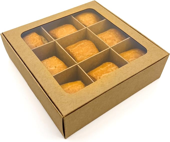20pcs Kraft Treat Boxes with Window and Dividers | 9 SMALL compartments | 6.5 x 6.5x 1.9 in | Chocolate-covered strawberries supplies, macaron boxes, baked goods packaging