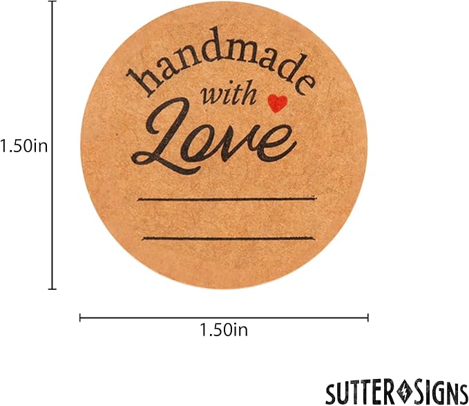 1000pcs Handmade with Love Stickers, 1.5" Diameter Kraft Handmade with Love Sticker Labels for Gifts, Crafts, Small Business, 500 Stickers per Roll (Pack of 2)