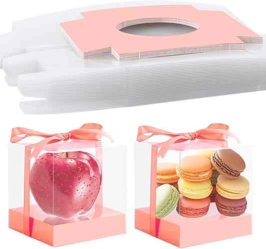 24 Pcs Clear Plastic Cupcake Boxes, 3.5 Inch Single Cupcake Containers for Cake Dessert, Individual Cake Storage Holder with Ribbon Wedding Birthday Party Favor (Rose Gold)