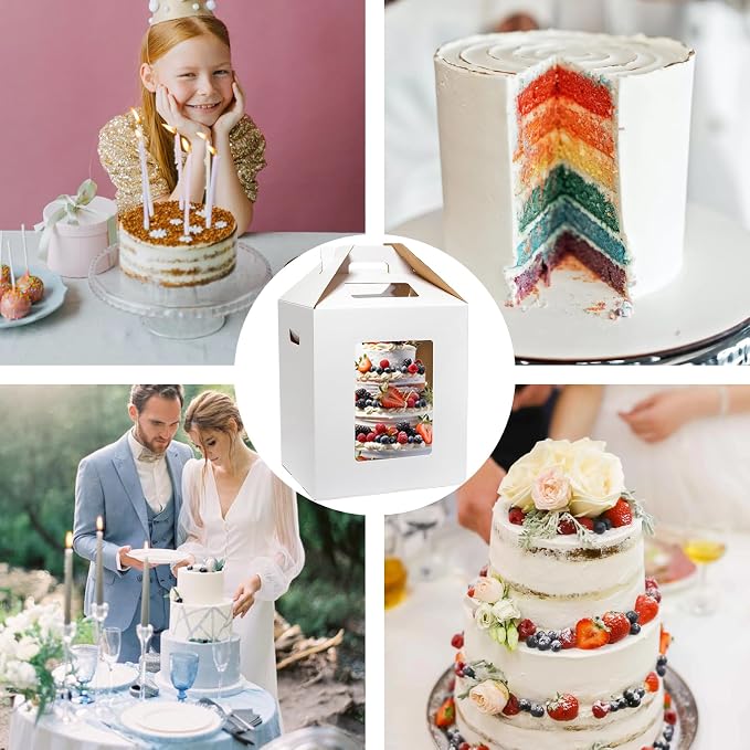 Mcfleet Tall Cake Boxes 4 Pack 12x12x14 for Tier Cakes with Window - 12 Inch Disposable Large Layer Bakery Carrier with Handle - Bakery Safe Transport Box for Wedding, Birthday, Party