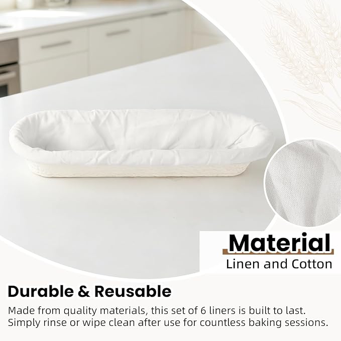 6 Pack Elastic Bread Proofing Basket Covers - Premium Linen & Cotton Liners for 15 inch Baguettes Sourdough Banneton, Non-Stick, Breathable Fermentation Cloth for Sourdough & Artisan Baking