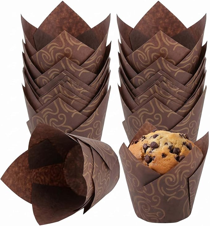 200 Pcs Brown Tulip Cupcake Liners for Baking, Brown Wavy Line | Standard Greaseproof Tulip Muffin Liners for Baking, 3oz Brown Paper Cupcake Wrappers for Party Wedding Birthday