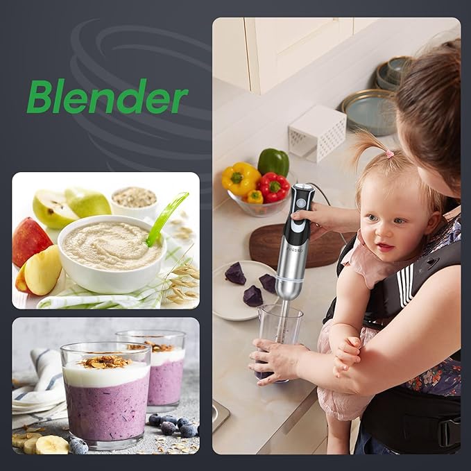 Immersion Blender Handheld, Stainless Steel Hand Electric Stick Mixer with 12-Speeds & Turbo Mode, Powerful 500W Emulsion Blender with Beaker, Chopper & Whisk for Smoothie, Puree, Baby Food
