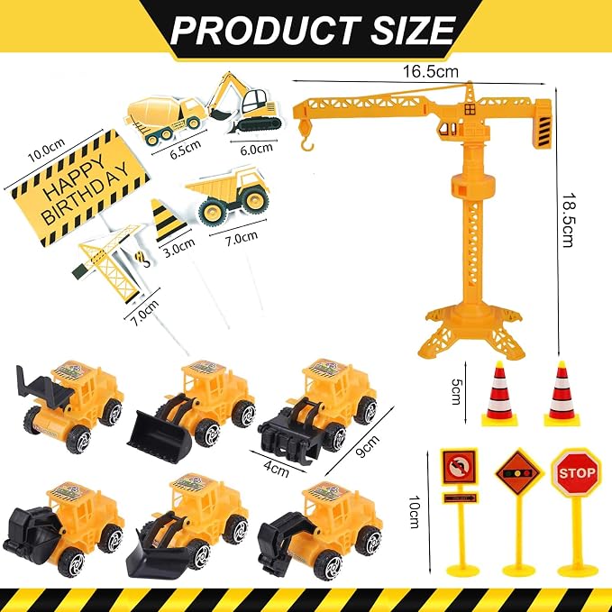 Construction Cake Topper, 18 PCS Construction Cake Decorations Set Excavator Tower Crane Cupcake Topper Traffic and Road Sign Decor Happy Birthday Party Supplies