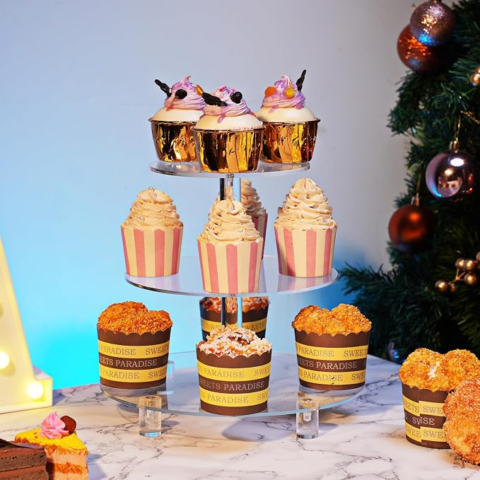 3 Tier Acrylic Cupcake Stand (6", 8", 10") with 4" Spacing - Clear Dessert Tower with Solid Rods - Stable Cake Display for Smash Cakes, Weddings & Party Decor (Clear)