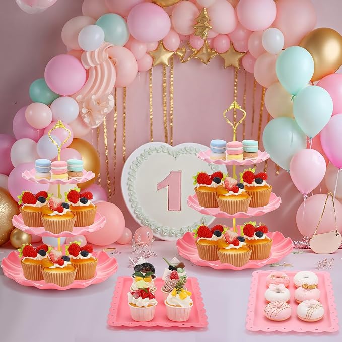 FoldTier 6 Pack Cupcake Stand Set 3 Pcs 3 Tier Gradient Dessert Table Display Stands Cookie Tray Rack 3 X14 in Rectangle Party Trays for Wedding Birthday Tea Party Baby Shower (Pink,Round)