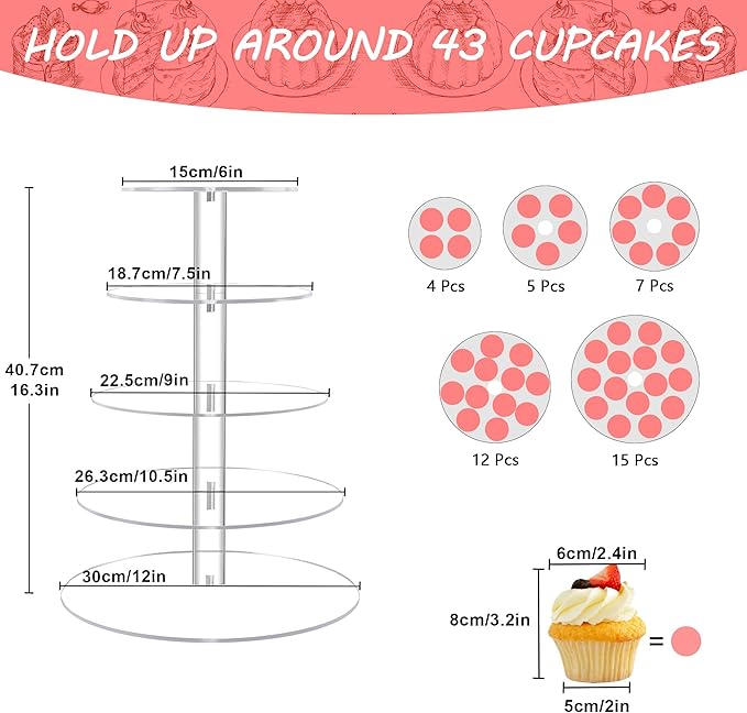 Cupcake Stand for 53 Cupcakes, 5 Tier Cupcake Holder, Clear Round Cupcake Tower, Acrylic Cupcake Stand, Cupcake Display Stand for Party, Wedding, Birthday, Baby Shower, Halloween