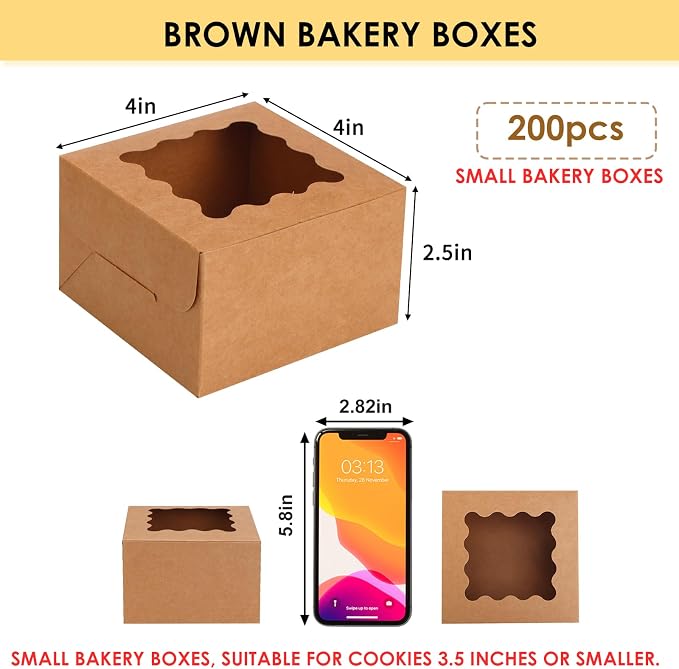 Moretoes 200pcs Cookie Boxes with Window,4x4x2.5 Inch Small Bakery Boxes, for Small Cake, Treats, Donuts, Candy (Brown)