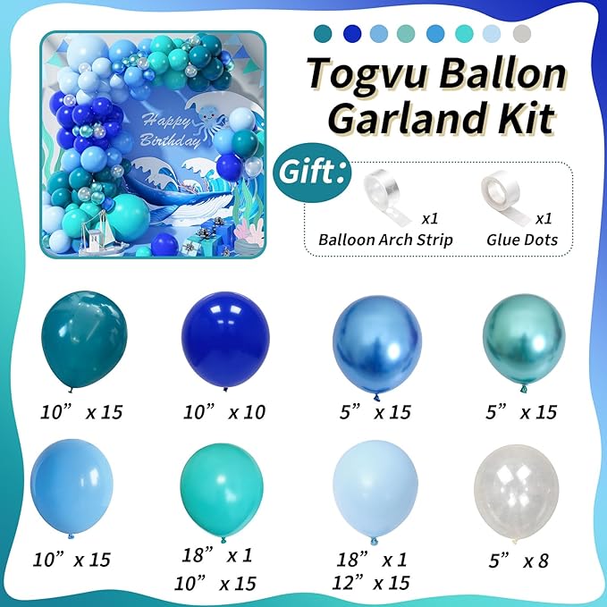Blue Balloon Garland Arch Kit, 112 Pcs Pastel Baby Light Blue Royal Blue Slate Teal Blue Turquoise Metallic Green Under the Sea Balloon Arch Kit for Boys Ocean Birthday Baby Shower Party Decorations