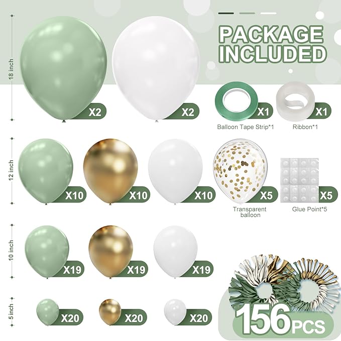 Sage Green White Gold Balloon Garland Arch Kit 156 Pcs Different Sizes 18 12 10 5 Inch Green Latex Metallic Confetti Balloons for Birthday Baby Shower Gender Reveal Wedding Safari Forest Decorations