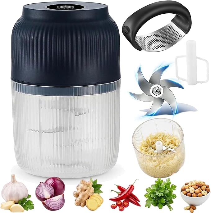 Household Electric Garlic Crusher, 6 blades, 2026 New Mini Garlic Mincer Electric with Lid, 350ml Portable Garlic Chopper for Garlic, Onion, Ginger, Chili and Fruit (Blue+Manual Crusher)