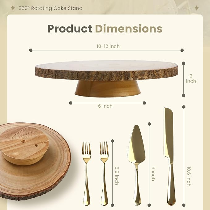 12 Inch Rotating Cake Stand - Rustic Wood Cake Stand with Cake Server, Knife & Forks Set | Cake Turntable for Easy Decorating, Perfect for Weddings, Birthdays, Party Dessert Display & Gift