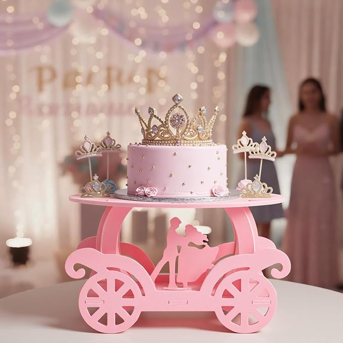 Lallisa 12" Pink Princess Cake Stand 3D PVC Cake Decorations with Prince and Princess Themed Holder Dessert Stand Centerpieces for Wedding Birthday Party Supplies