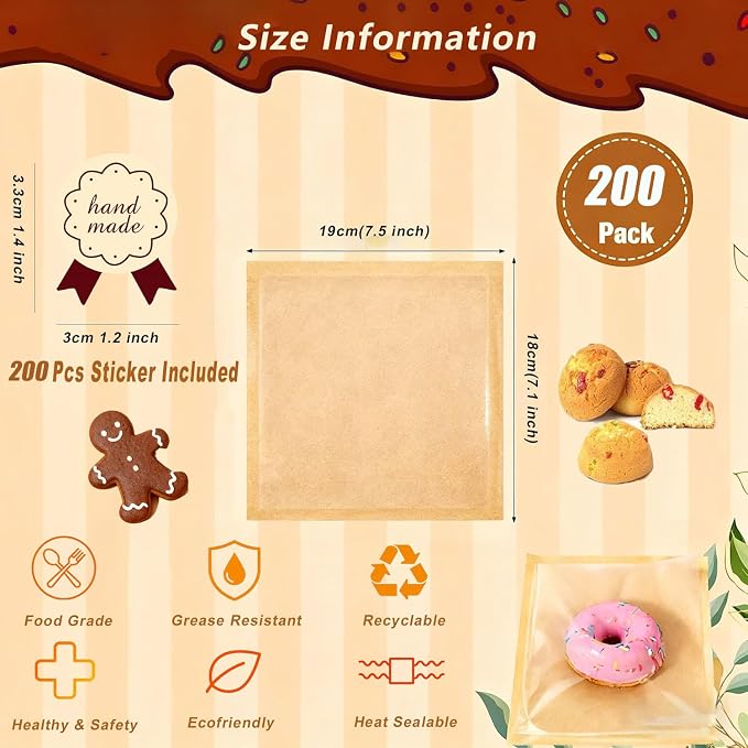 200 Pack Cookie Bags with Window & Seal Stickers, Heat Sealable 7.1x7.5 Inch Paper Sleeves Packaging Baked Goods Bag for Small Business, Bulk Bakery Supplies for Brownie, Muffin,Pastry, Donut Gift