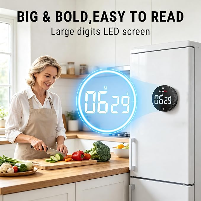 TempPro Digital Kitchen Timer, Magnetic Countdown Timer with Easy-Twist Knob, Loud Alarm & Silent Mode, Large LED Display, Cooking Timers for Classroom, Teachers, Kids & Seniors (Previously ThermoPro)