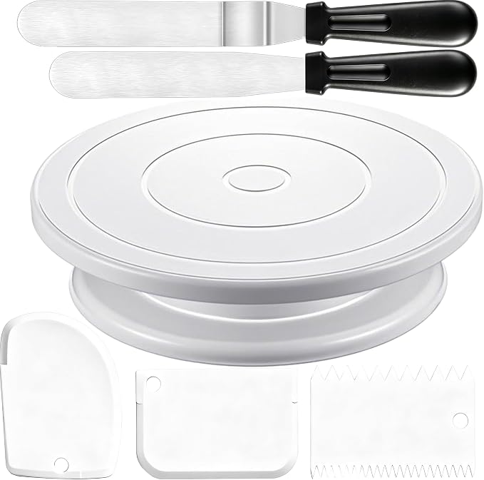 Cake Decorating Kit Baking Supplies Cake Turntable with 2 Frosting Straight Angled Spatula 3 Icing Smoother Scrapers Baking Accessories Tools for Beginners and Pros, White