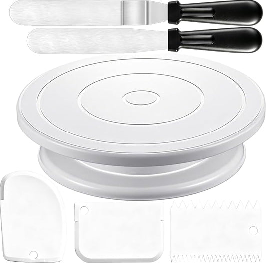Cake Decorating Kit Baking Supplies Cake Turntable with 2 Frosting Straight Angled Spatula 3 Icing Smoother Scrapers Baking Accessories Tools for Beginners and Pros, White