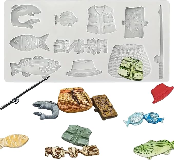 Grey Fishing Tool Silicone Mold, Small Fish Fondant Molds, for Kitchen Baking Cake Decoration, Chocolate, Candy, Mousse, Salty Dough, Butter, Sugar Process, UV Resin, Polymer Clay