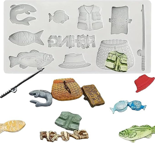 Grey Fishing Tool Silicone Mold, Small Fish Fondant Molds, for Kitchen Baking Cake Decoration, Chocolate, Candy, Mousse, Salty Dough, Butter, Sugar Process, UV Resin, Polymer Clay