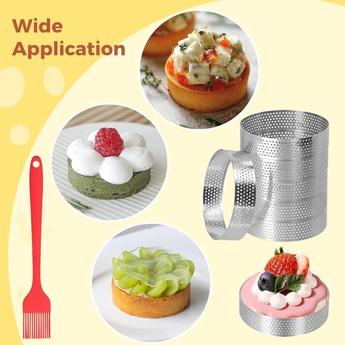 12Pack Tart Rings, 304 Stainless Steel Perforated Tart Rings with Silicone Oil Brush, 3.15 Inch Cake Mousse Rings, Metal Pastry Cake Molds for Baking Dessert Rings, Dishwasher-Safe