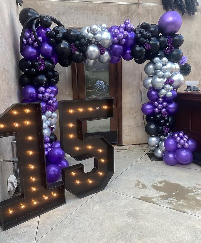 Purple and Black Balloon Arch Kit, 132Pcs Explosion Star Metallic Silver Purple Black Confetti Balloon Garland kit Different Size Balloons for Halloween Graduation Birthday Party Decorations