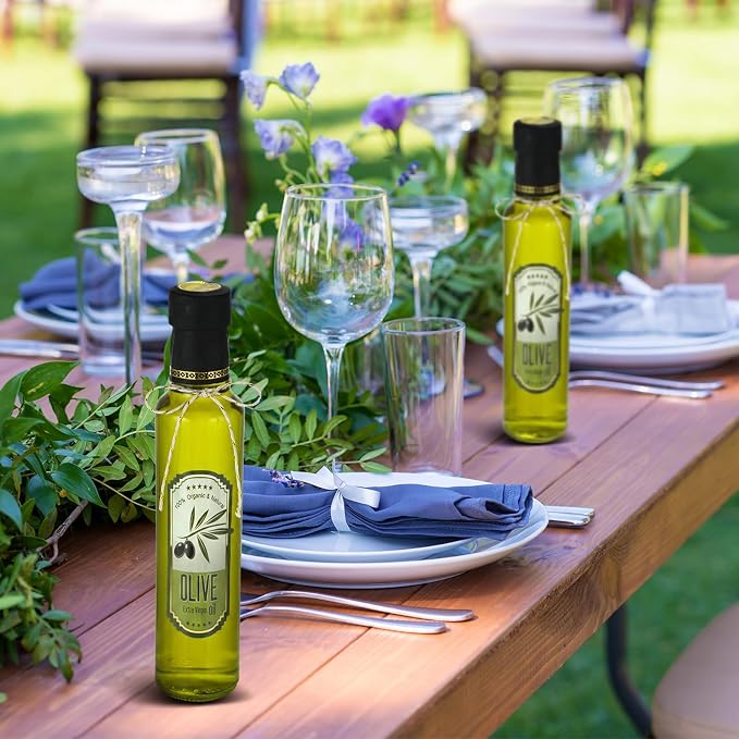 Reallnaive 12 Sets 8 oz Glass Olive Oil Bottles Empty Sauce Condiment Bottles with Tags and Twine and Funnel for Storing Homemade Olive Oil Christmas Wedding Baby Shower Gifts(Clear)