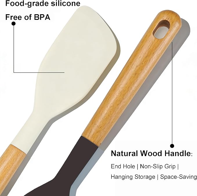 2PCS Heat Resistant Silicone Spatula Set, Silicone Spatula Wooden Handle, Rubber Spatula for Baking, Losing Weight Meal & Salad, Versatile Kitchen Tool, Mixing, Frosting, Heat Resistant 600°F
