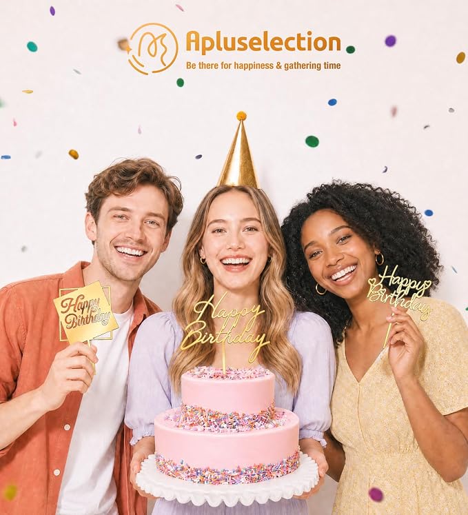 6-Pack Gold Happy Birthday Cake Toppers, 5" x 6.5" Acrylic Happy Birthday Sign for Cake Decorations