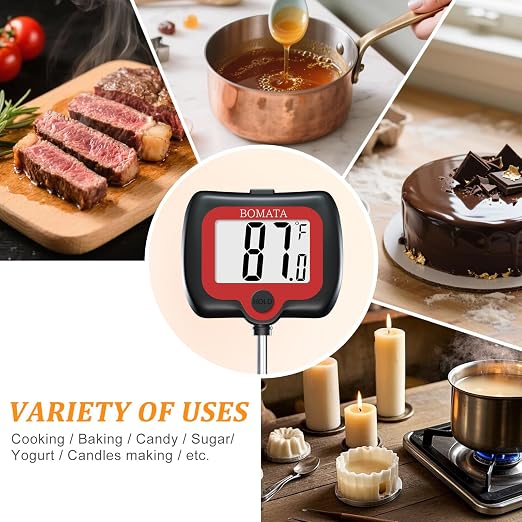 BOMATA Digital Candy Thermometer with Pot Clip, Deep Fry Oil Thermometer with Rotatable Display & Long Probe, for Candy Candle Making, Cooking, Food, Liquids, Water, Sugar.. Black