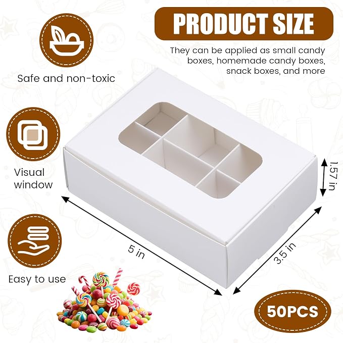 50 Pcs Kraft Treat Boxes with Window and Dividers, Empty Candy Truffle Baking Boxes, Square Cupcake Cookies Containers for Wedding Gift Giving (5 x 3.54 x 1.57 Inches,White)