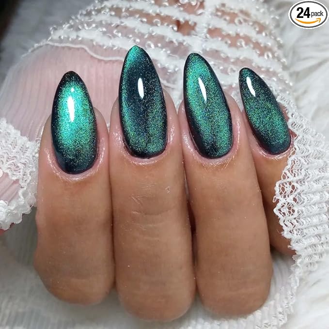 24Pcs French Press on Nails Short Almond ZWENJIE Cat Eye Fake Nails Press ons Nail Tips Stick on Nails Glossy Acrylic Nails Kit False Nails with Teal Green Design Nail Art for Women Glitter Manicure